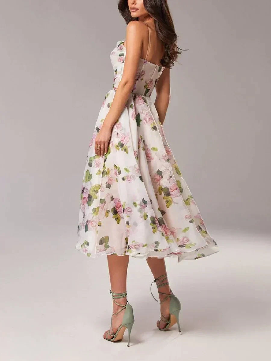 Women’s Midi Dress – A-Line Fit – Floral Chiffon – Spaghetti Straps – Flowing Skirt