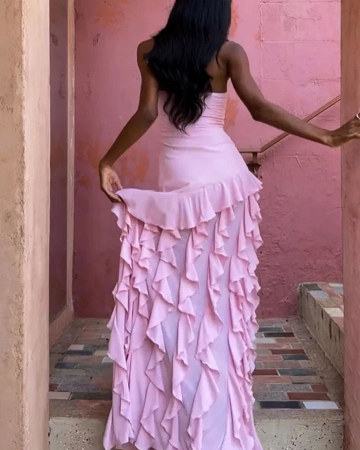 Women's Strapless Evening Dress - High-Low Ruffle Hem - Elegant Formal Wear