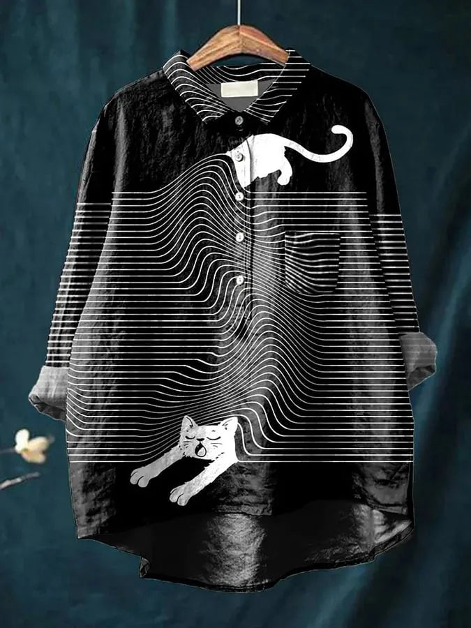 Women’s Blouse – Relaxed Fit – Animal Print – Button Down – High-Low Hem