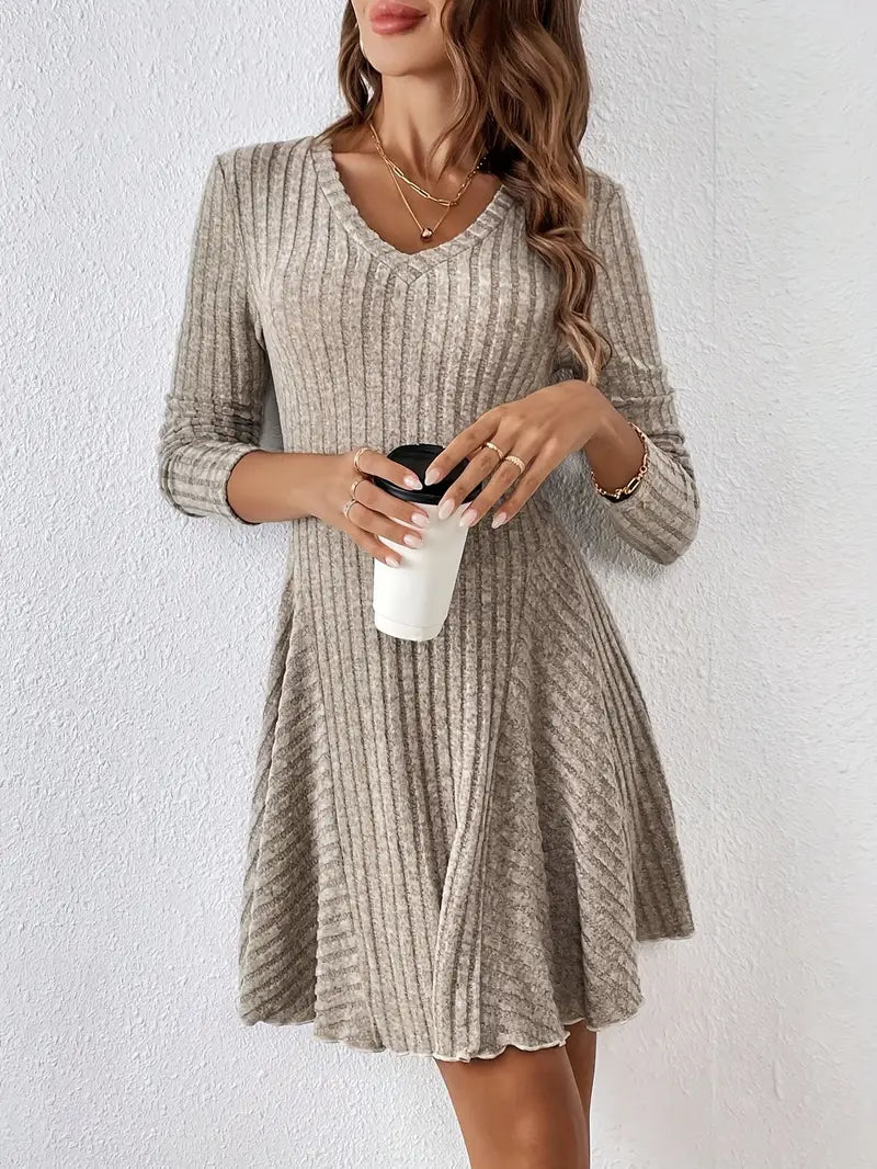 Women's Ribbed V-Neck Dress - Long Sleeve - Fitted Bodice - A-Line Knee Length