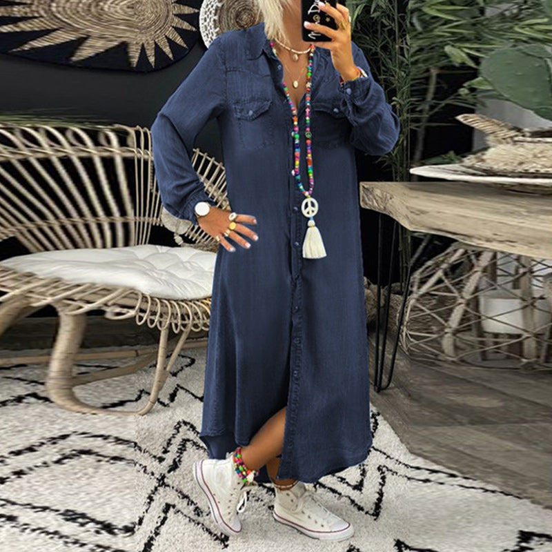 Women’s Maxi Shirt Dress – Relaxed Fit – Cotton Feel – Button-Up – Long Sleeve