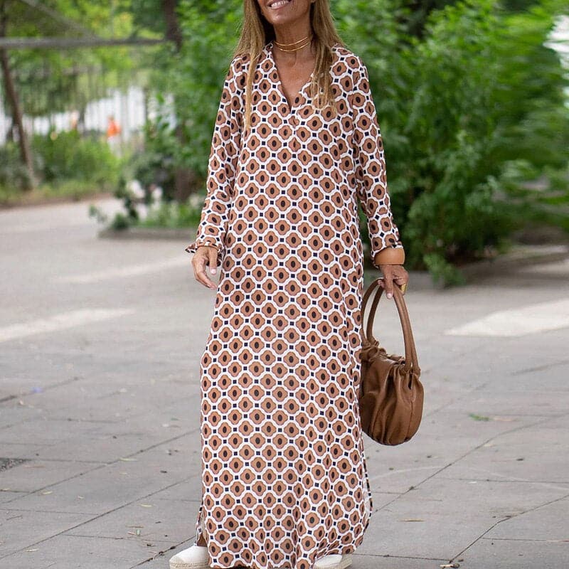 Women’s Maxi Dress – Flowing Fit – V-Neck – Long Sleeve – Side Slits – Breathable Blend