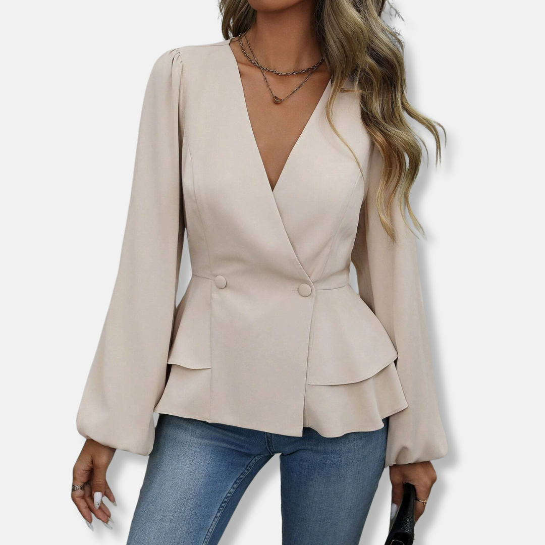 Women’s Blouse – Slim Fit – Wrap Front – Double-Breasted – Bishop Sleeve Peplum