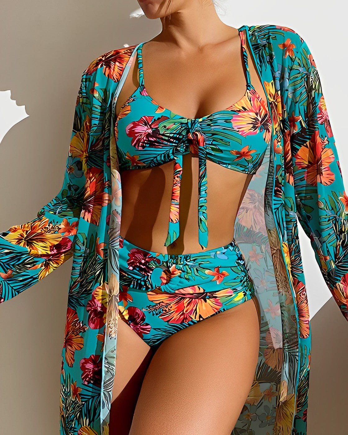 Women’s Bikini Set – Tie Front Top – High-Waisted Bottoms – Sheer Cover-Up – Breathable Blend