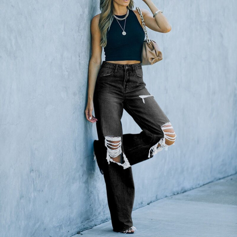 Women’s High-Waisted Wide-Leg Jeans - Distressed Ripped Denim - Casual Streetwear
