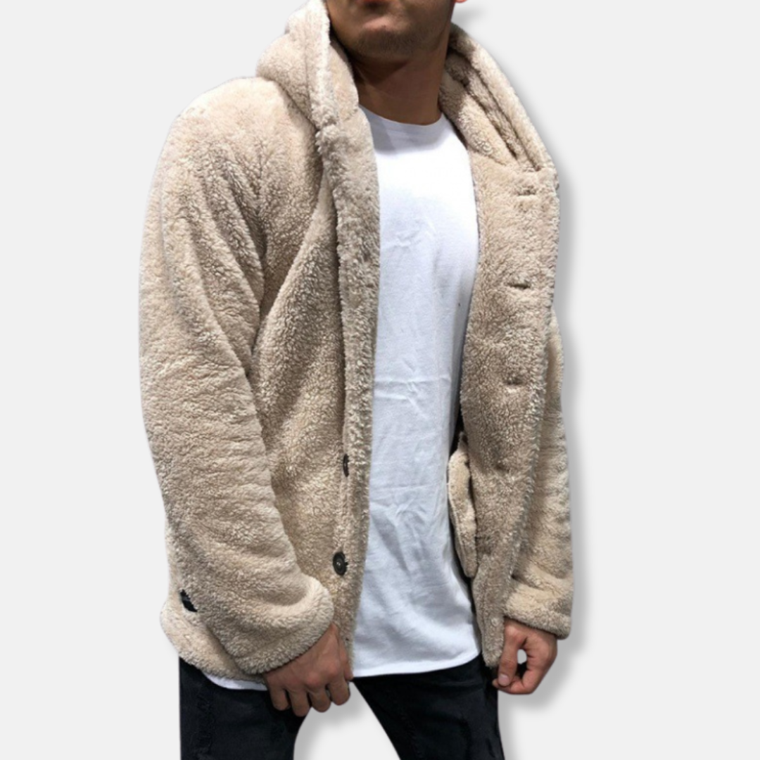 Men’s Hooded Jacket – Fleece Feel – Relaxed Fit – Button Front Casual Layer