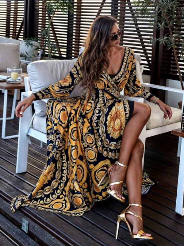 Women’s Maxi Dress – Wrap Style – V-Neck – Bohemian Print – Tie Waist – Long Sleeve