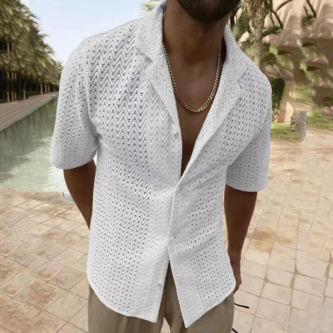 Men’s Polo Shirt – Relaxed Fit – Soft Knit – Textured Zigzag Design – Short Sleeve