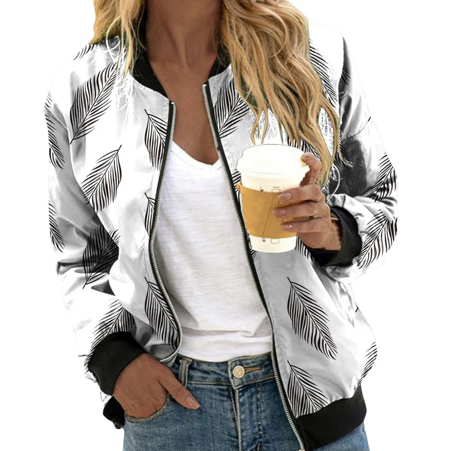 Women’s Bomber Jacket – Botanical Print – Ribbed Trim – Classic Fit – Breathable Blend