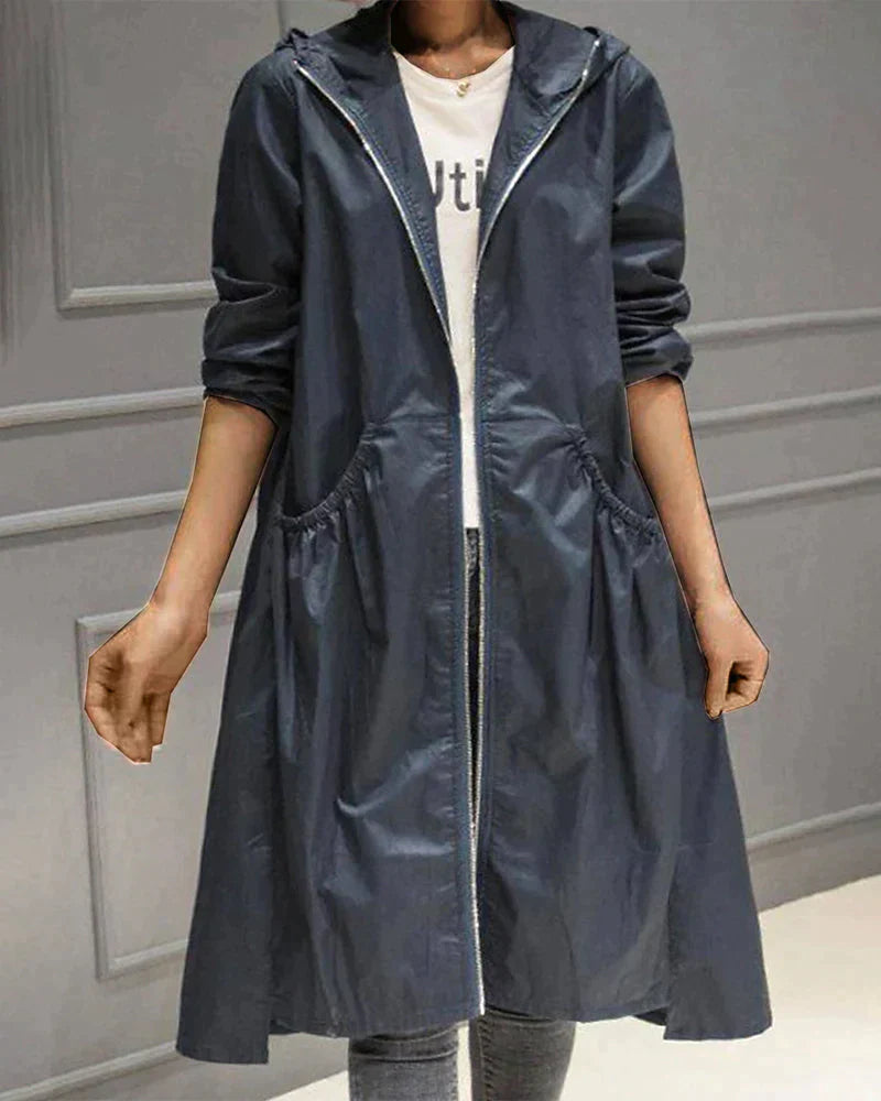 Women’s Waterproof Jacket – Relaxed Fit – Knee Length – Hooded – Zip Front – Pocketed