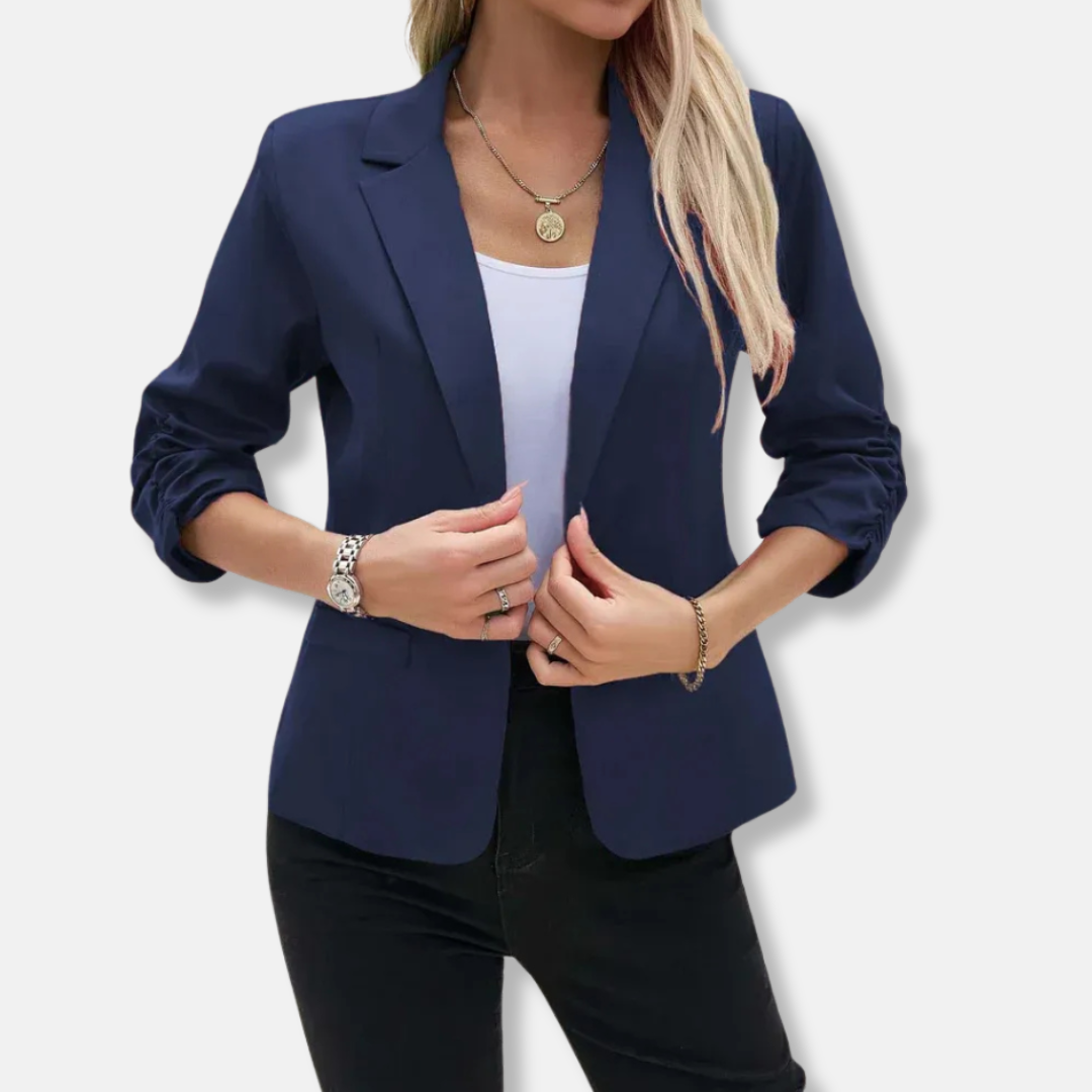 Women’s Blazer – Tailored Fit – Open Front – Three-Quarter Ruched Sleeves – Hip Length