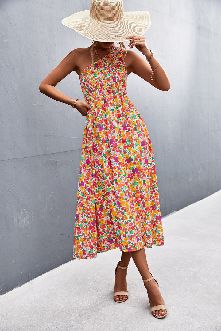 Women's Strapless Sundress - Smocked Bodice - Floral Print Midi A-Line Dress
