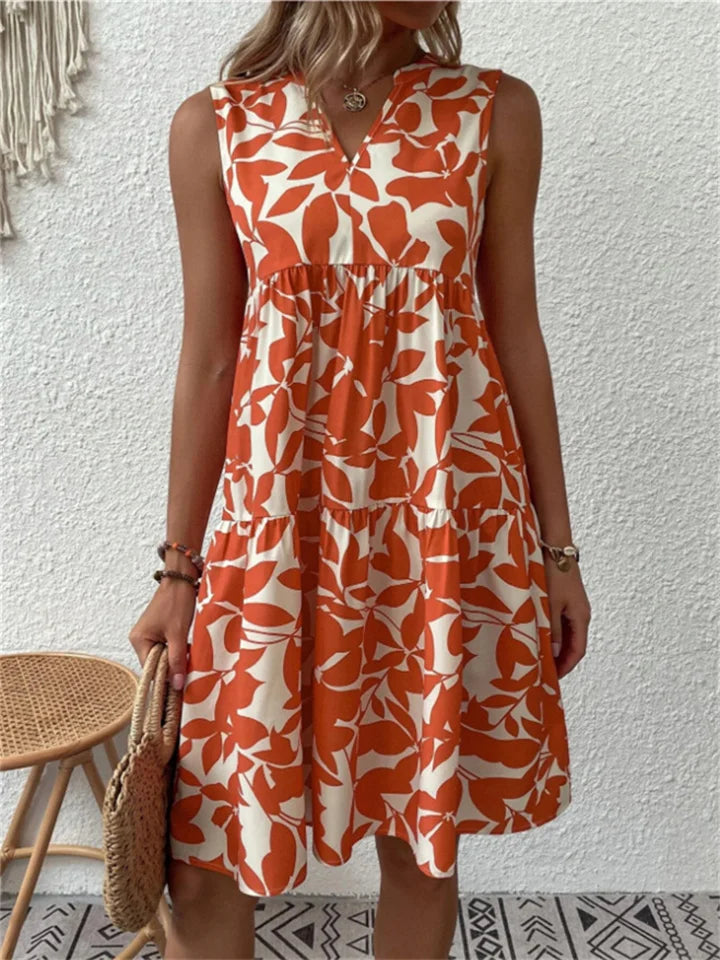 Women’s Sleeveless Dress – V-Neck – Relaxed Fit – Abstract Print – Knee Length – Breathable Blend