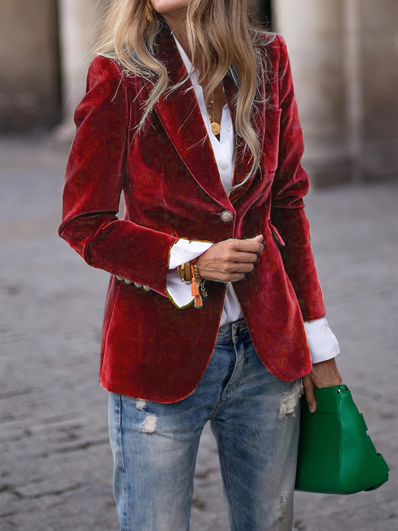 Women’s Blazer – Velvet Tailored Fit – Gold Button Accents – Classic Silhouette