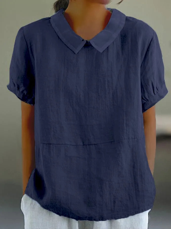 Women's Blouse - Linen Cotton Blend - Loose Fit - Short Sleeve Peter Pan Collar