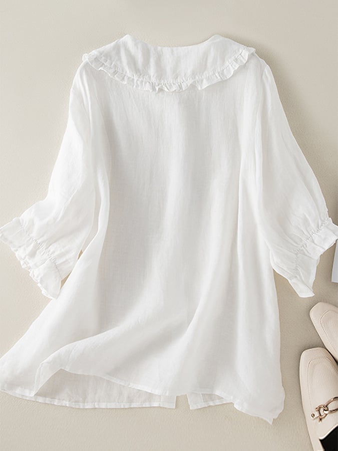 Women’s Blouse – Cotton Linen Blend – Loose Fit – Ruffle Collar – 3/4 Sleeve