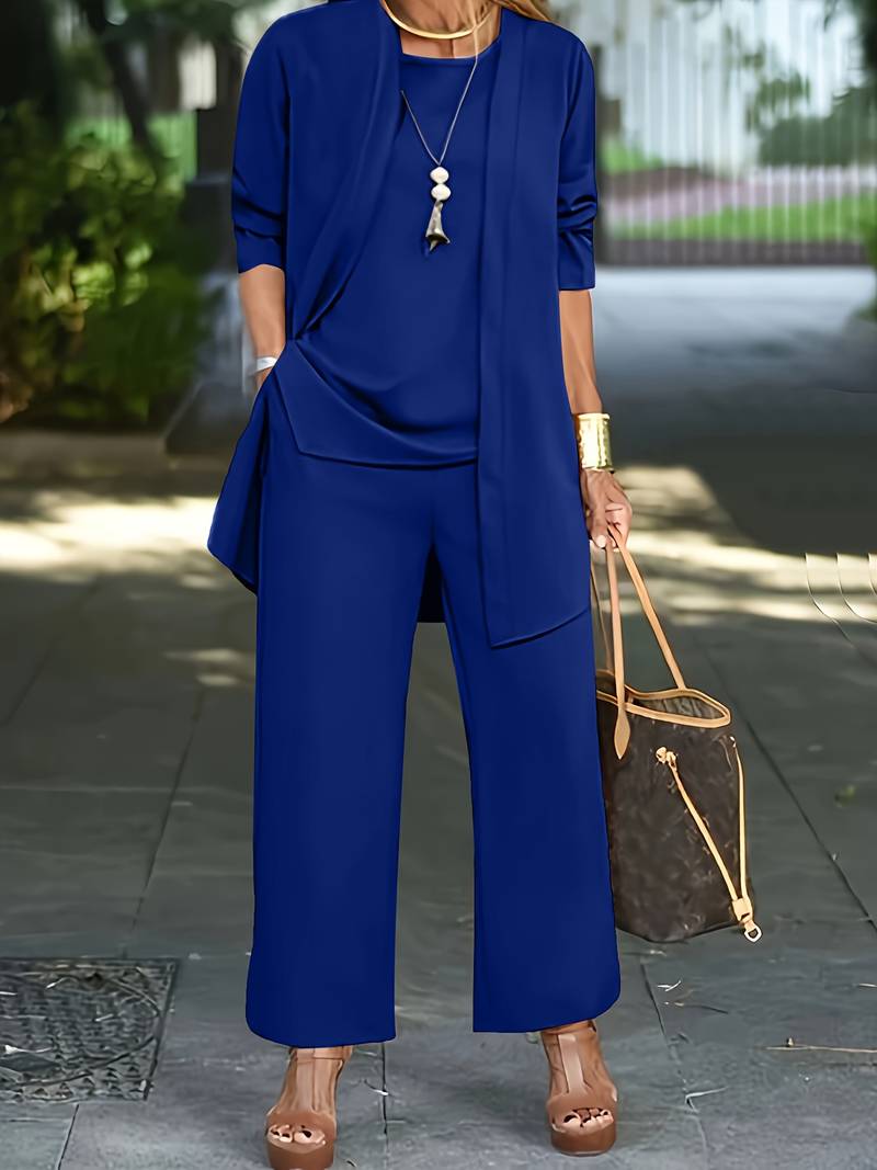 Women's Draped Jacket and Wide-Leg Trousers Set - Jersey - Relaxed Silhouette