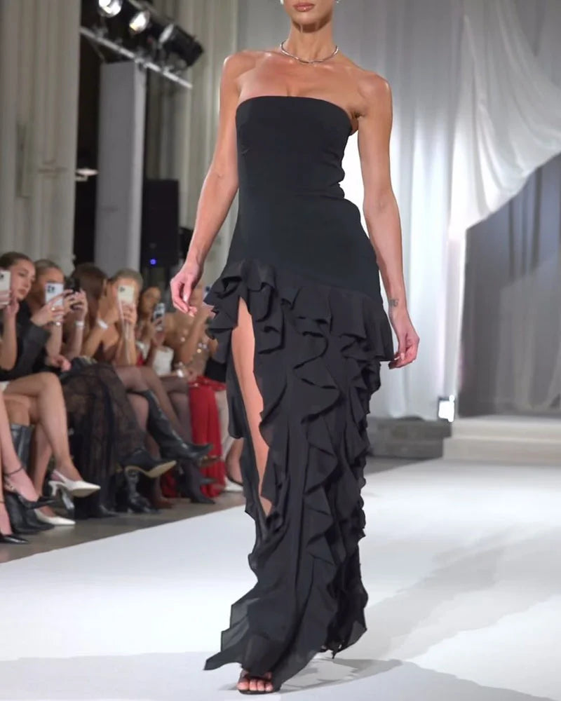 Women's Strapless Evening Dress - High-Low Ruffle Hem - Elegant Formal Wear