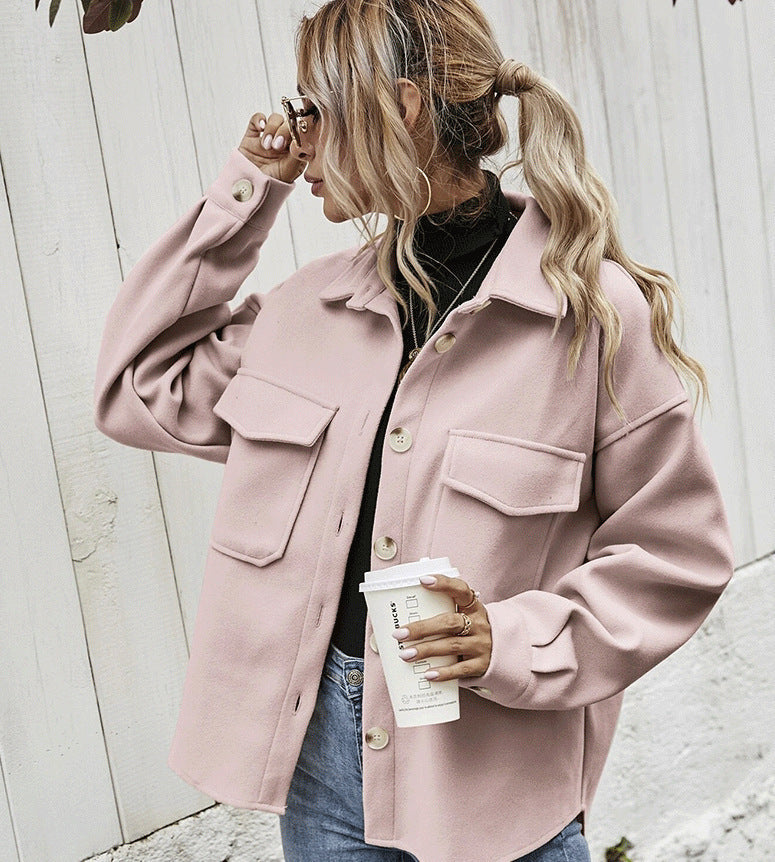 Women’s Oversized Jacket – Wool Blend – Button Front – Boxy Fit – Flap Pockets