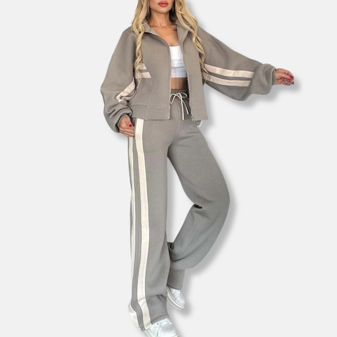 Women’s Jacket Set – Relaxed Fit – Cotton Blend – Striped Sleeve – Athleisure Wear