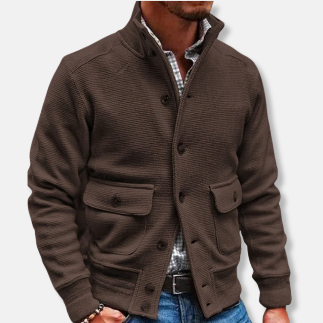 Men’s Jacket – Slim Fit – High Collar – Soft Textured Fabric – Button Front – Flap Pockets