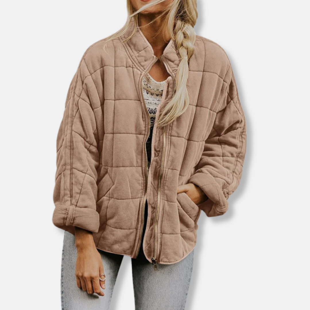 Women’s Quilted Jacket – Relaxed Fit – High Collar – Layer with Pockets