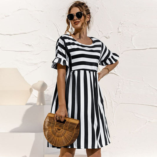 Women's Striped Dress - Short Sleeve Ruffle - Loose Fit - Round Neck Casual Wear