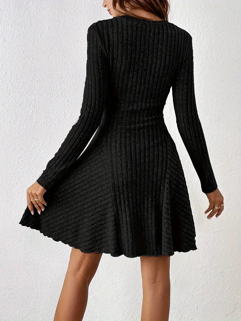 Women's Ribbed V-Neck Dress - Long Sleeve - Fitted Bodice - A-Line Knee Length