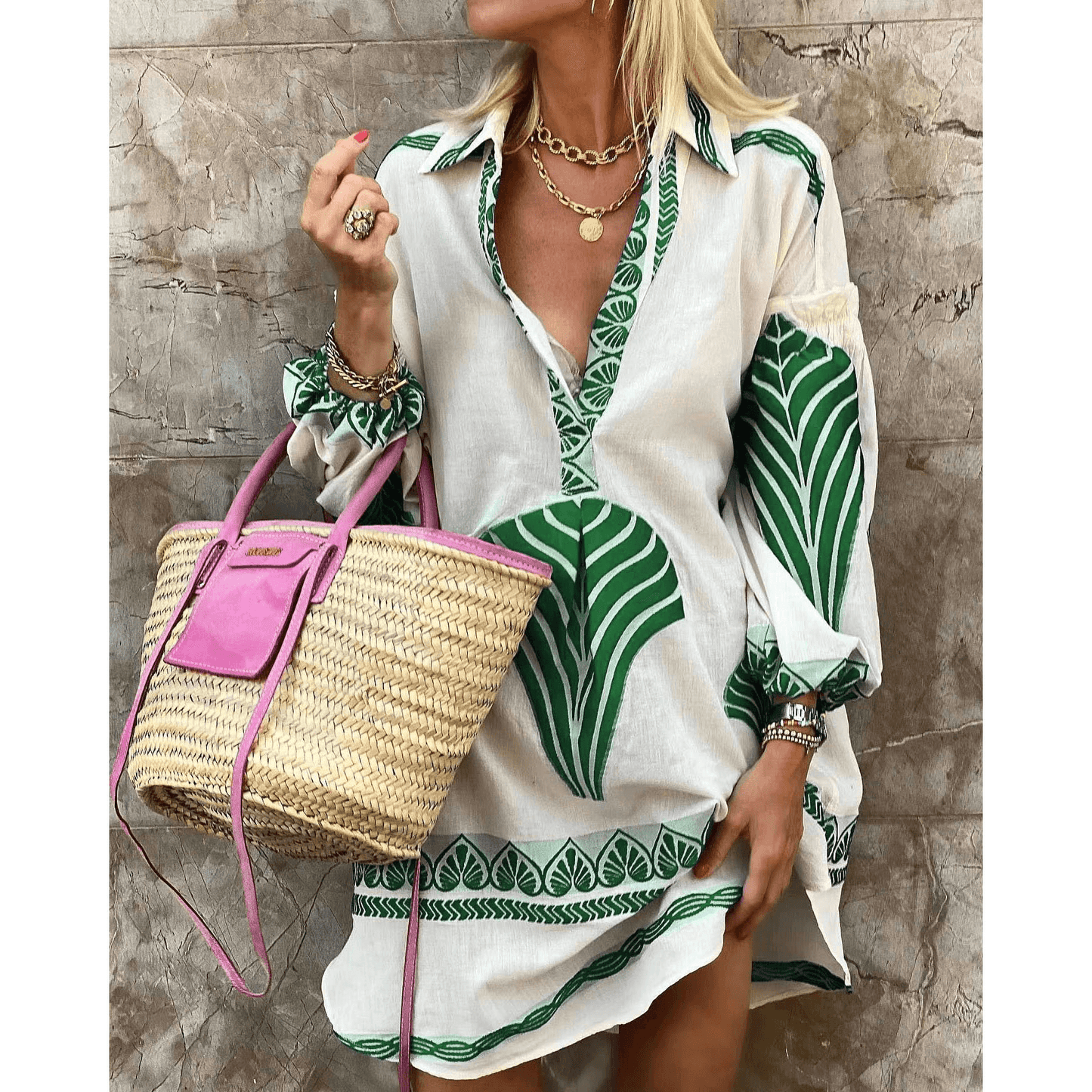 Women's Tunic Dress - Boho Chic - V-Neck - Long Sleeve - Lightweight & Relaxed Fit