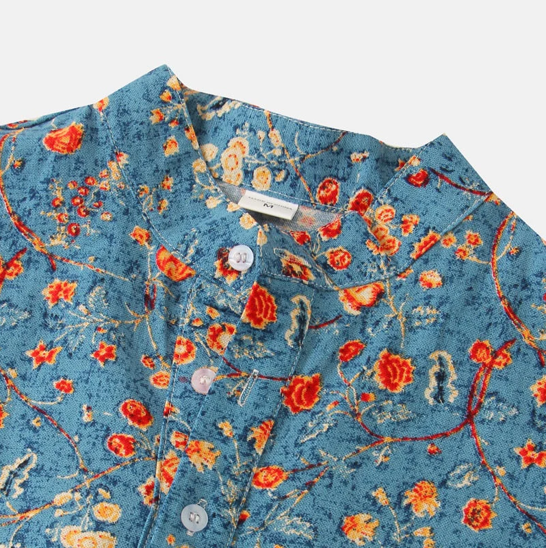 Men’s Short Sleeve Shirt – Relaxed Fit – Breathable Blend – Mandarin Collar – Floral Print