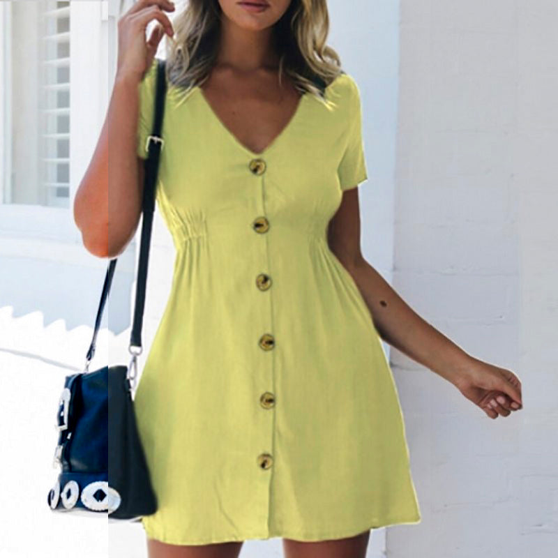 Women's Short Dress - V-Neck Button Front - Relaxed Fit Mini Casual Wear
