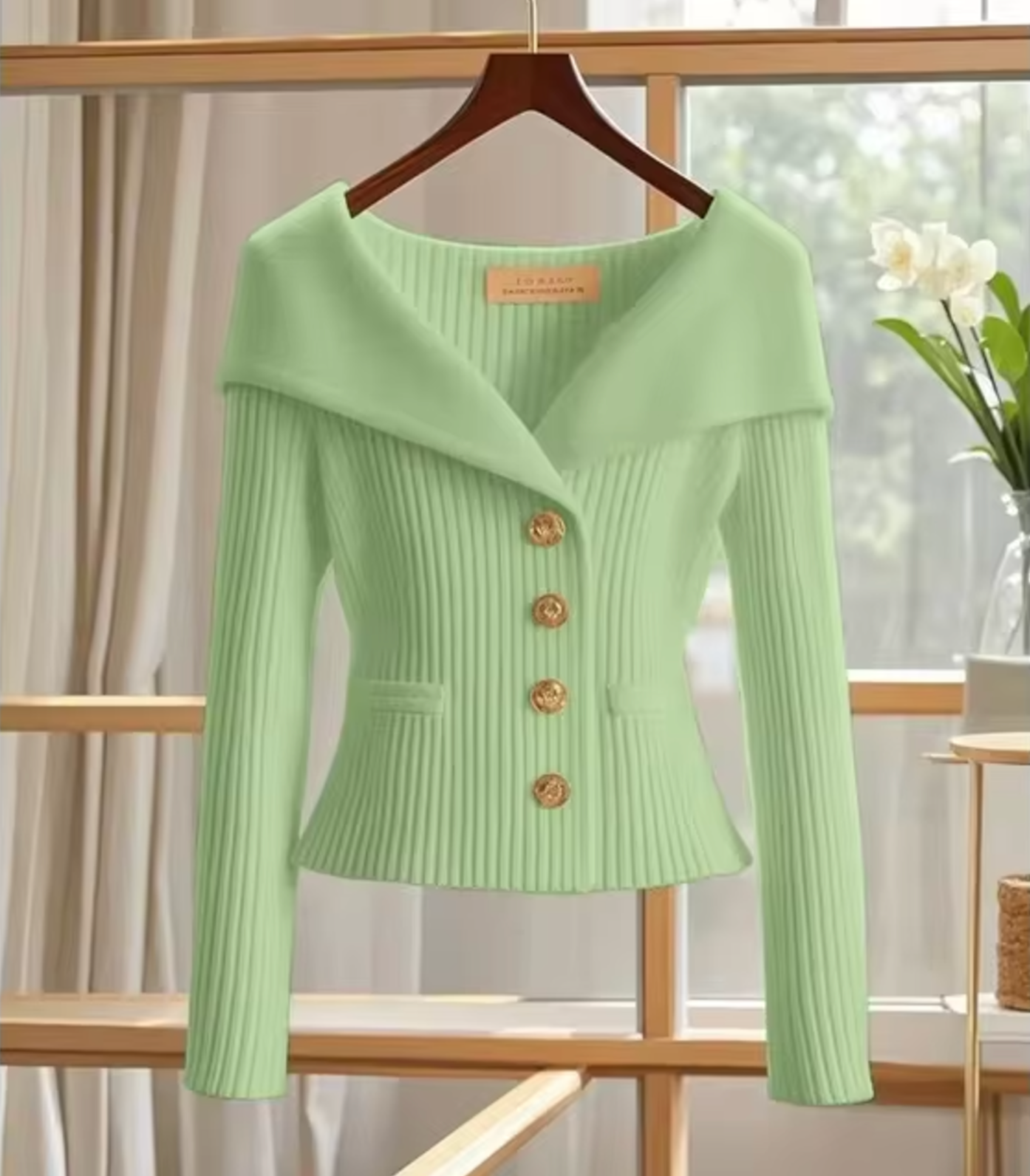 Women’s Short Cardigan – Fitted Knit – Ribbed Texture – Wide Collar – Gold Buttons
