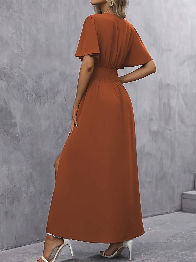 Women’s Midi Dress – Fit and Flare – Ruffled V-Neck – Pleated Waist – Side Slit