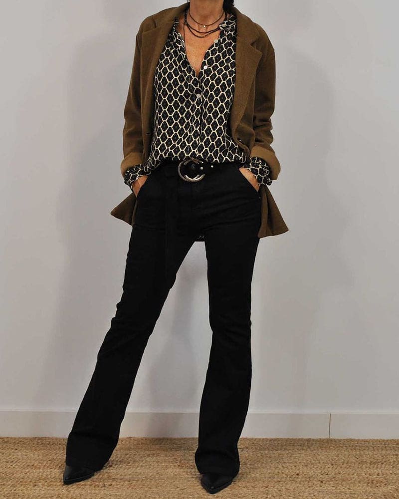 Women's Blouse - Geometric Chain-Link Print - Long Sleeve Loose Fit - Button Down