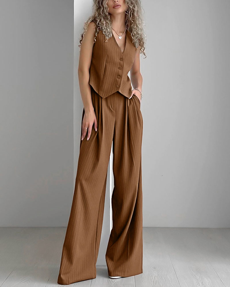 Women’s 2-piece Set – Tailored Vest – Pinstriped – Button-Front – Structured Fit – Wide-Leg Trouser