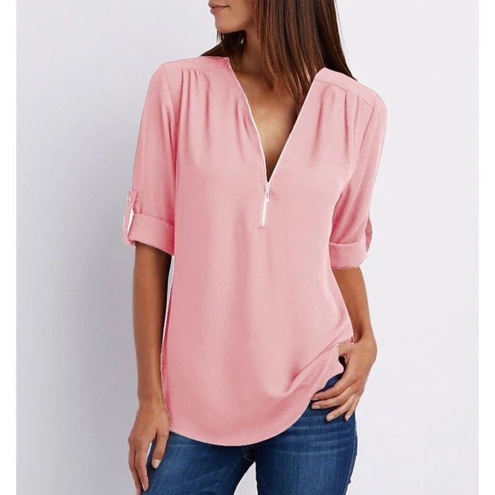 Women’s Blouse – Relaxed Fit – Cotton Blend – Half Zip – 3/4 Roll-Up Sleeves