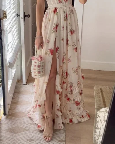 Women's Maxi Dress - Floral Print - V-Neck - Spaghetti Straps - Cinched Waist - Front Slit