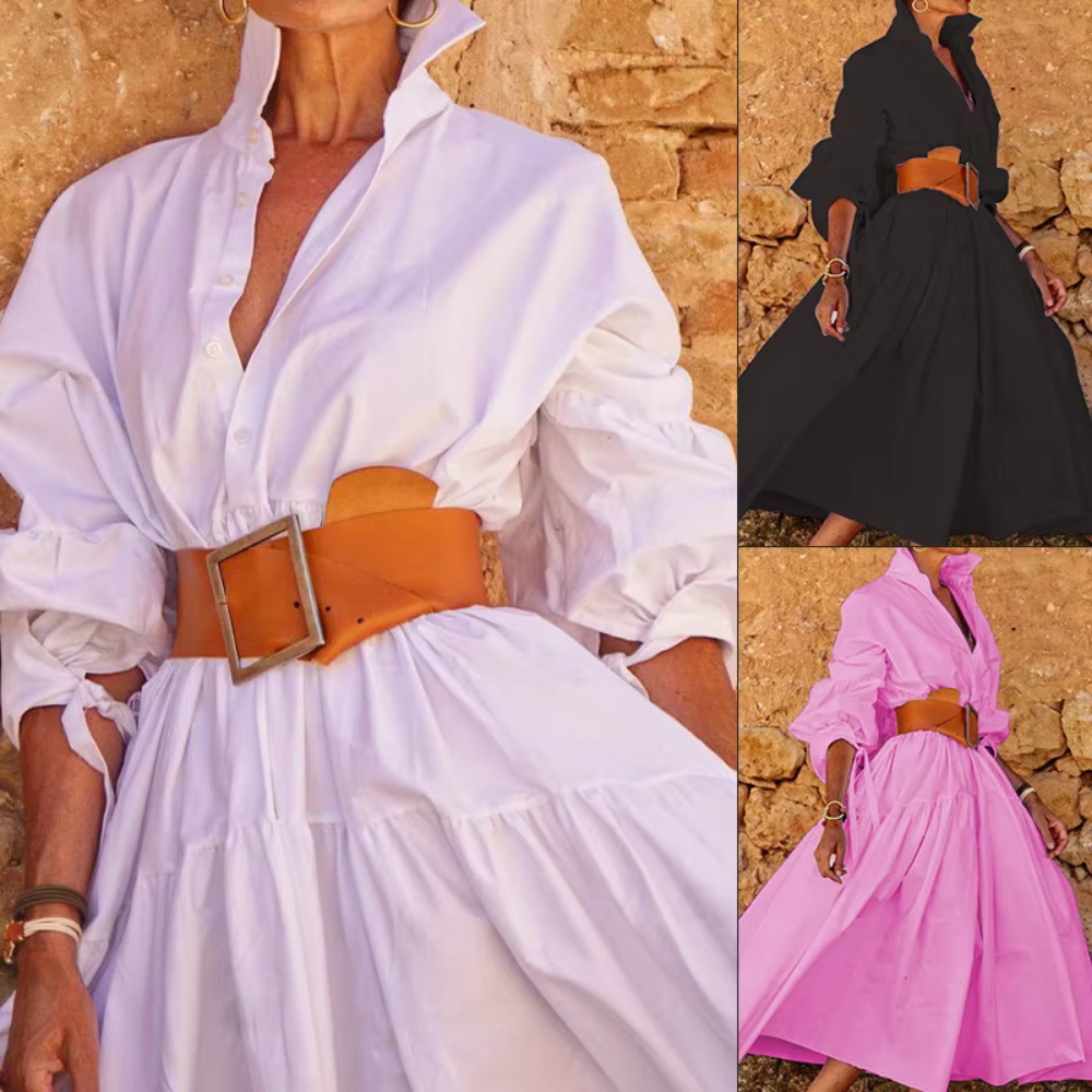 Women’s Shirt Dress – Flared A-Line Fit – Belted Waist – Puff Sleeves – Cotton Blend