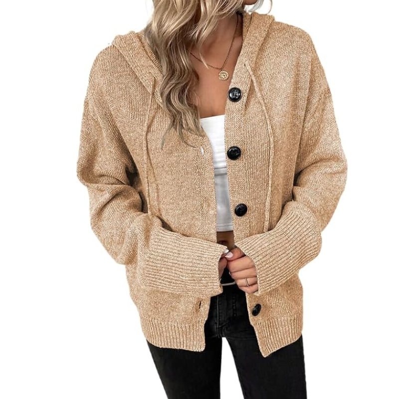 Women’s Knitted Cardigan – Wool Blend – Oversized Fit – Hooded – Button Front Ribbed Hem