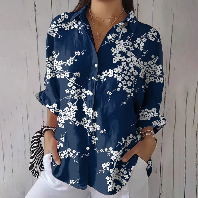Women’s Button-Up Shirt – Relaxed Fit – Long Sleeve – Floral Print