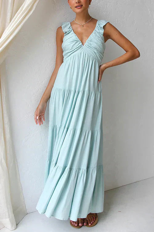 Women's Maxi Dress - Deep V-Neck - Ruffled Cap Sleeves - Empire Waist - Tiered Skirt