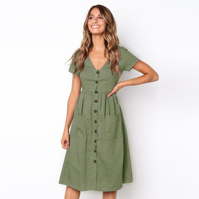 Women’s Midi Dress – Relaxed Fit – Button-Down Front – Structured Collar – Breathable Blend