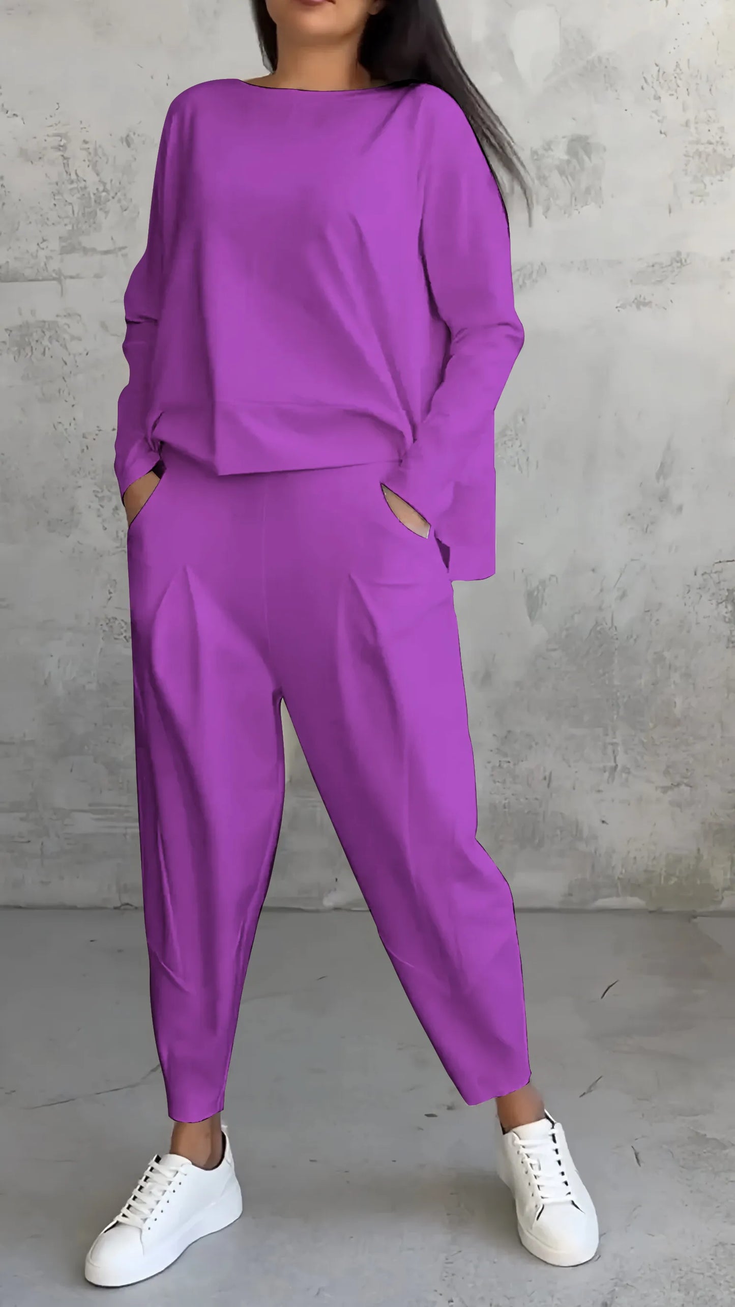 Women’s Two-Piece Set – Relaxed Fit – Long Sleeve Top – Tapered Harem Pants – Breathable Cotton