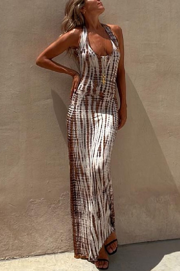 Women's Maxi Dress - Sleeveless Fitted Stretch Fabric - Scoop Neck Striped Elegant Style