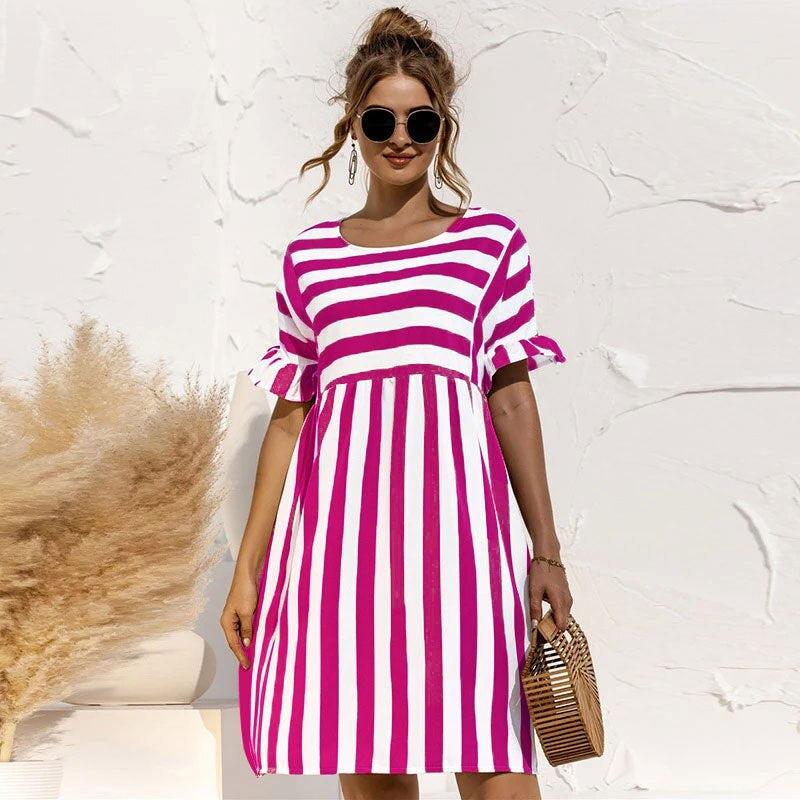 Women's Striped Dress - Short Sleeve Ruffle - Loose Fit - Round Neck Casual Wear