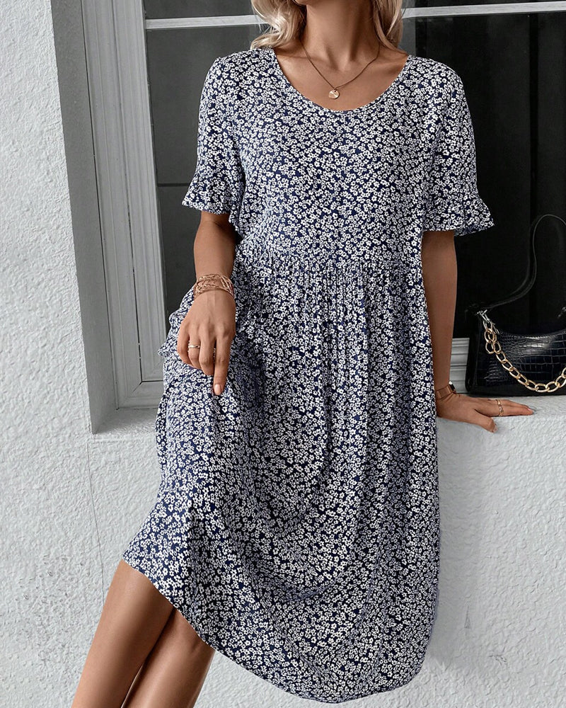 Women's A-Line Dress - Lightweight Cotton - Knee-Length - Short Sleeve Floral Print