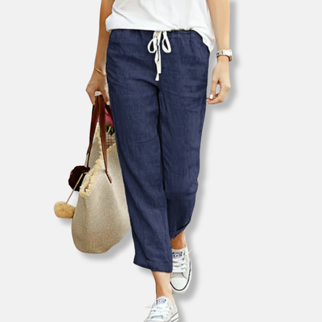 Women’s Trousers – Linen – Relaxed Fit – Drawstring Waist – Full Length Casual Wear