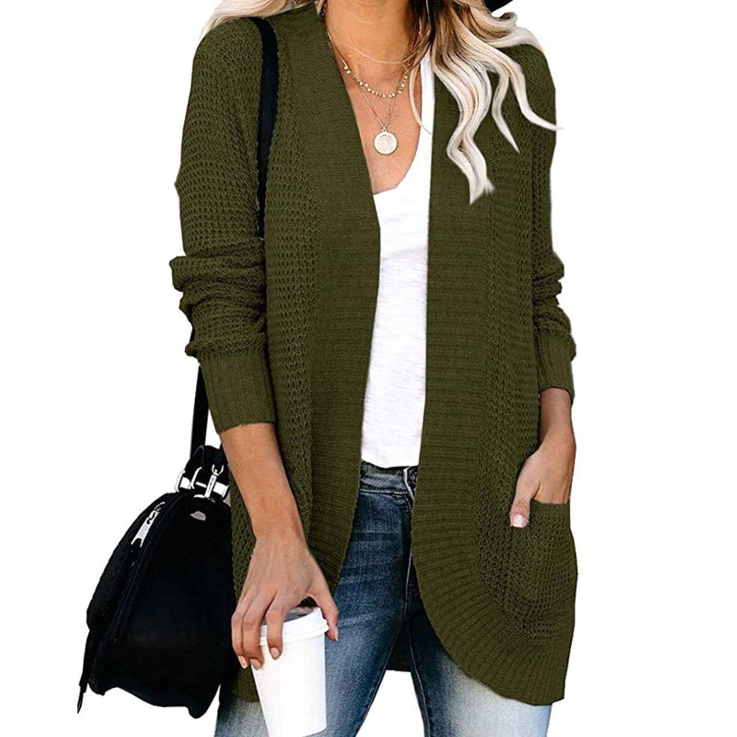 Women’s Cardigan – Soft Knit – Relaxed Fit – Open Front – Long Sleeve – Front Pockets