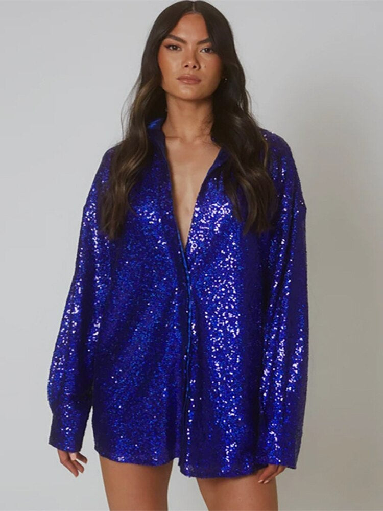 Women’s Oversized Shirt – Glitter Effect – Long Sleeve – Button-Down Relaxed Fit
