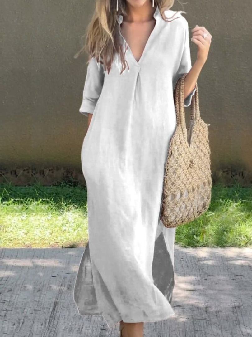 Women’s Maxi Dress – Relaxed Fit – V-Neck – Breathable Blend – 3/4 Sleeve – Side Slits
